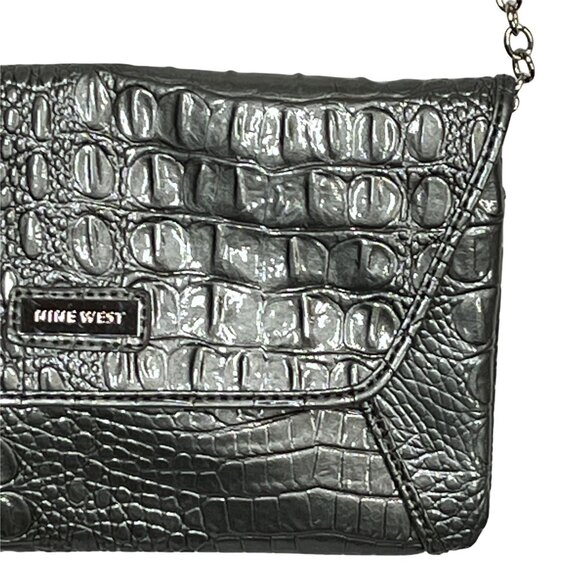 Nine West Gray Croc Embossed Shoulder Bag Chain Strap Faux Leather Purse - Picture 4 of 10